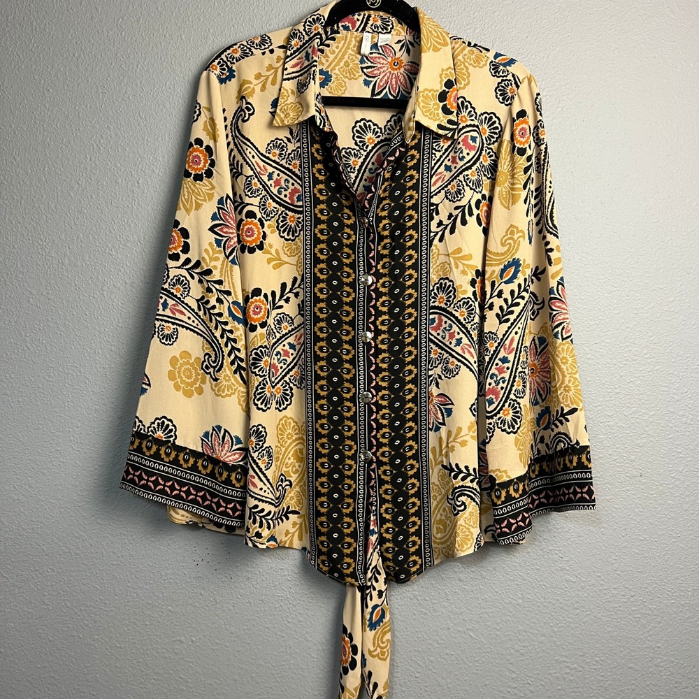 Cato Paisley Floral Tie‎ Front Blouse Top Button Down Long Sleeve 14/16W Career